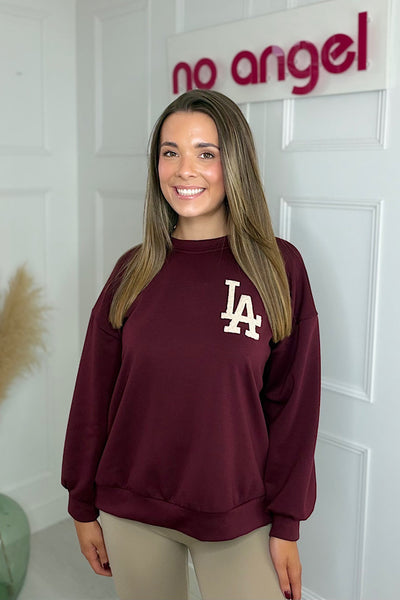 LA Slogan Sweatshirt In Burgundy