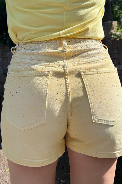Pastel Lemon Denim Shorts With Diamanté Embellishment