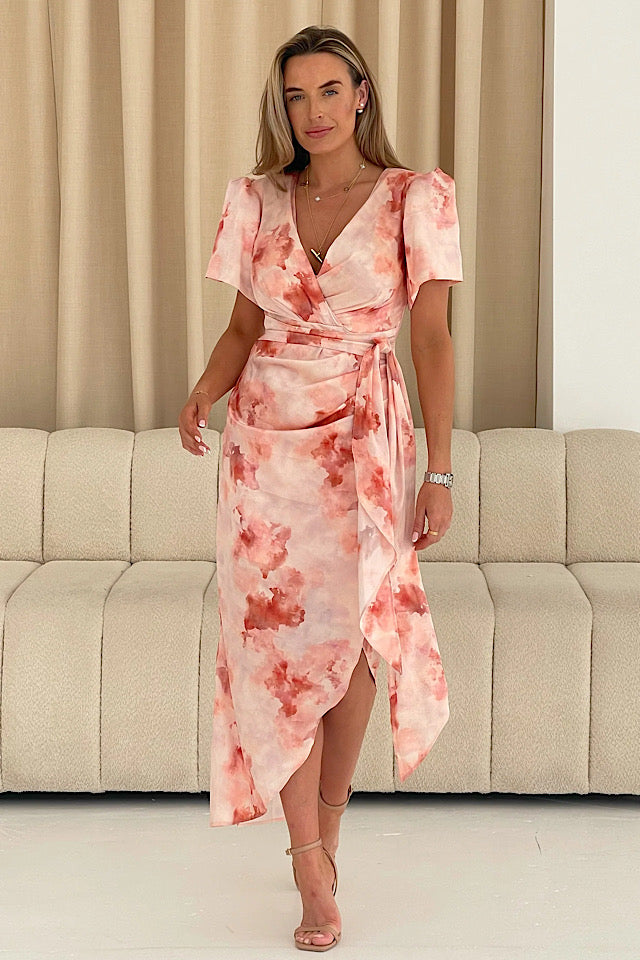 Drew Puff Sleeve Midi Dress In Blush Marble