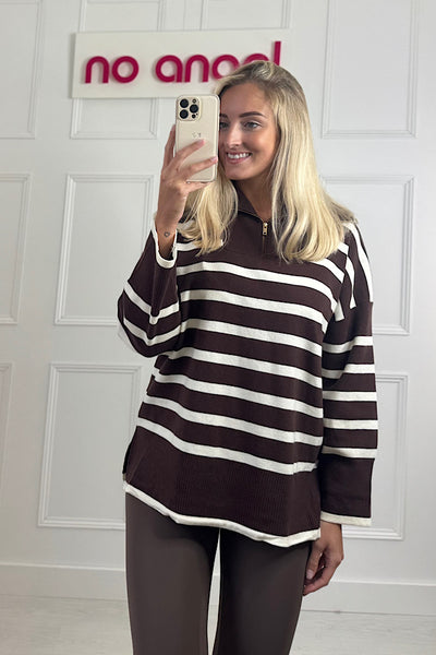 Stripe 1/4 Zip Jumper In Chocolate