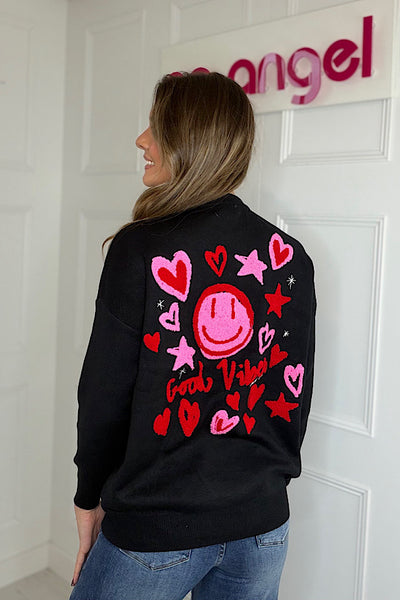 Good Vibes Black Jumper With Pink