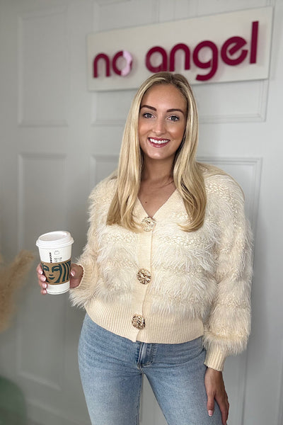 Cream Faux Fur Panelled Cardigan In Cream