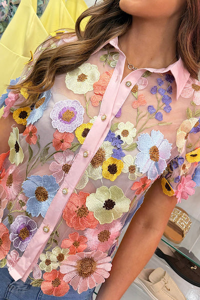 Floral Embroidered Sheer Blouse With Short Sleeves In Pastels