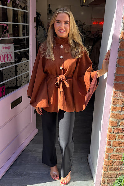 Suedette Military Button Tie Waist Cape In  Burnt Orange