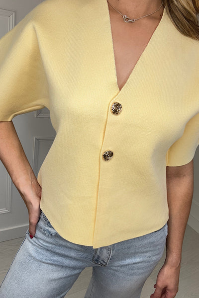 Gold Button Cardigan In Lemon