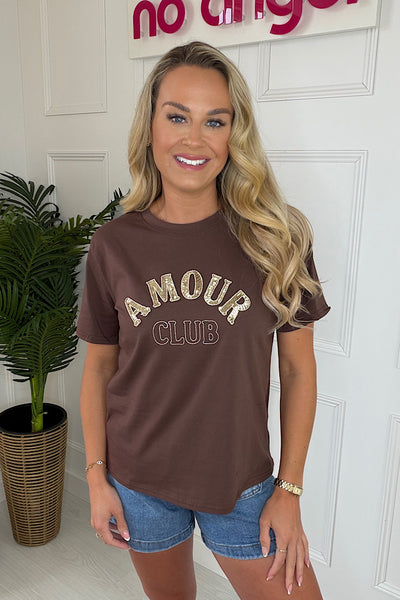 Amour Club Sequin Slogan T-shirt In Brown