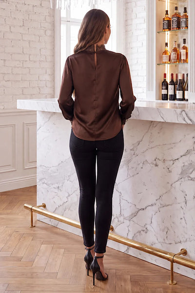 Chocolate High Neck Lace Trim Blouse