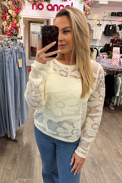 Sheer Floral Knit Cream Jumper