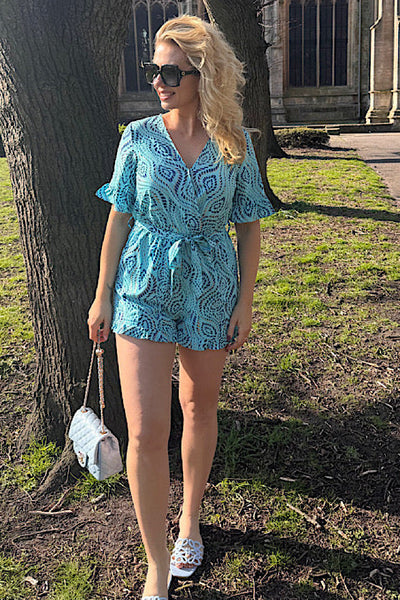 Thea Blue Playsuit With Abstract Swirl Print