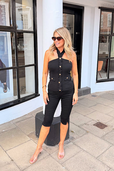 Clara Button Halter Neck Knitted Top In Black