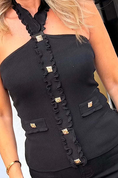 Clara Button Halter Neck Knitted Top In Black